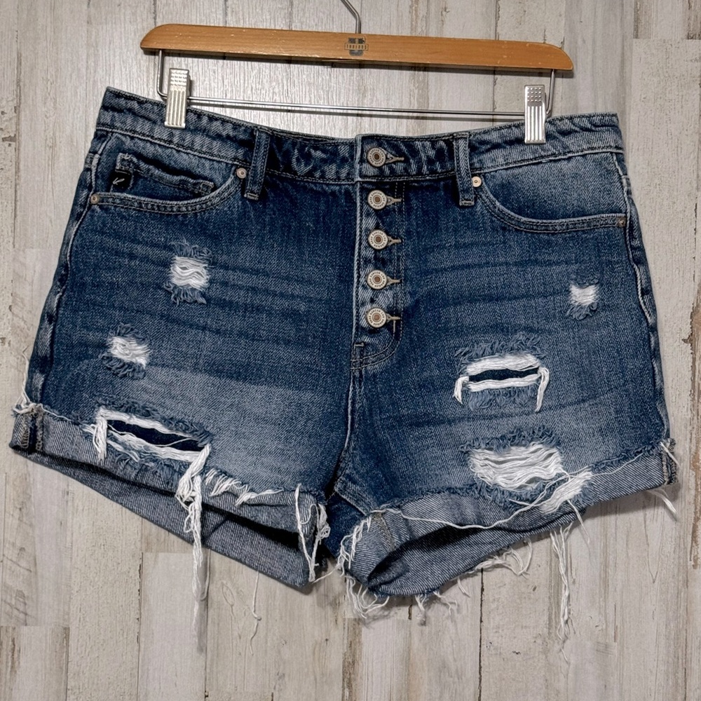 KanCan Dark Blue Distressed High-Rise Jean Shorts